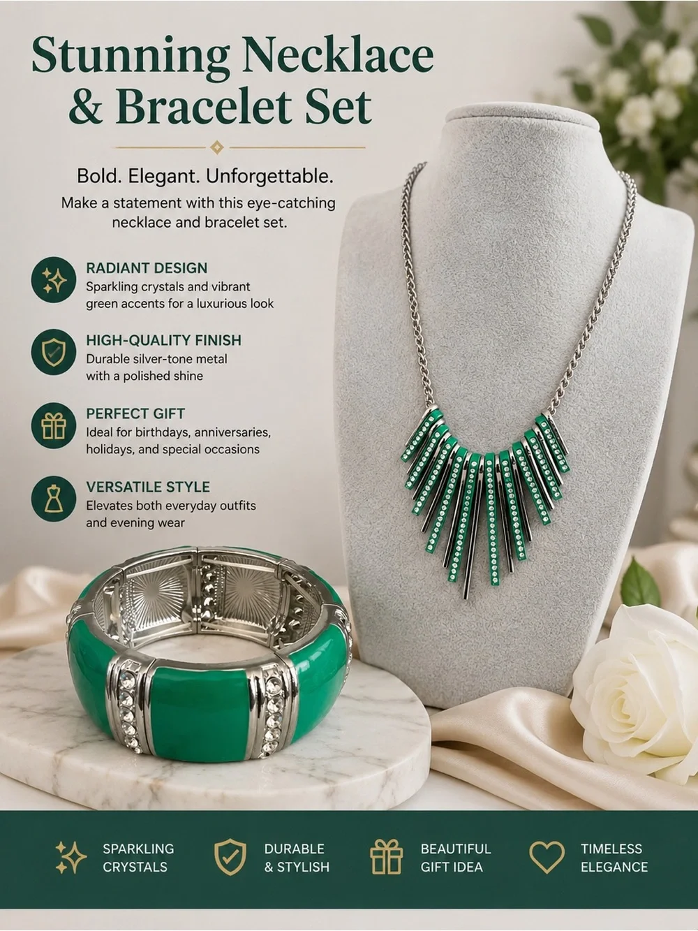 paparazzi Green Crystal Statement Necklace & Bracelet Set
